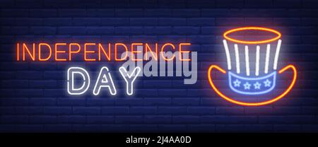 Independence Day neon text with uncle Sam. Celebration, advertisement design. Night bright neon sign, colorful billboard, light banner. Vector illustr Stock Vector