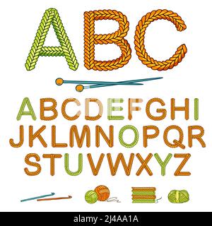 Green and orange warm knitting alphabet icon set isolated with balls of yarn vector illustration Stock Vector