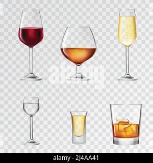 Alcohol drinks in 3d realistic glasses transparent set isolated vector illustration Stock Vector