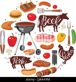 Round composition with isolated drawn barbecue elements food meat species grill animal silhouettes on blank background vector illustration Stock Vector