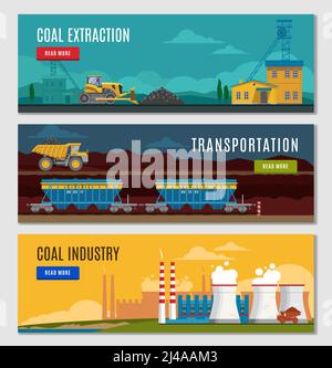 Three colorful mining industry horizontal banners set with flat factory mine vehicles images read more button vector illustration Stock Vector