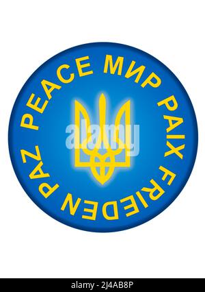 round button with Ukrainian trident and word peace in several languages over white Stock Photo