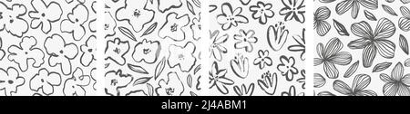 Seamless patterns with black ink brush flowers. Stock Vector