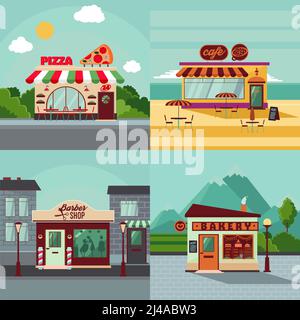 Colorful building facades square concept with italian restaurant cafe barber shop and bakery vector illustration Stock Vector
