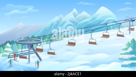 Winter outdoor resort background with ski lift cable and tourists on ...