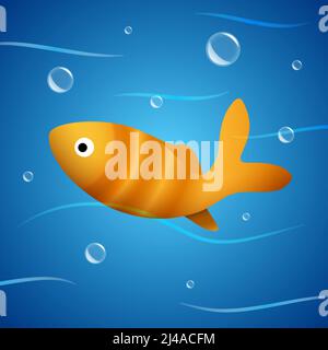 Golden fish swimming in the blue water with waves and bubbles. Goldfish vector illustration. Stock Vector