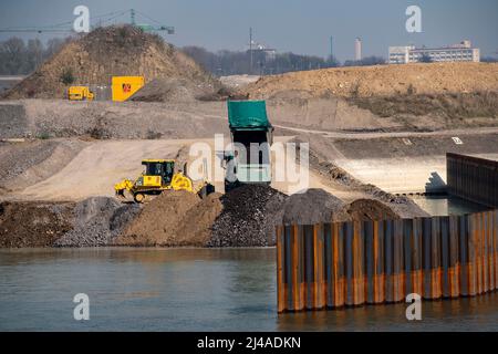 Duisport, Port of Ruhrort, Coal Island, conversion of the old port area into Europe's largest inland trimodal container terminal, land reclamation wor Stock Photo