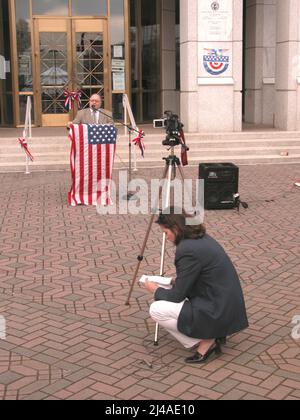 setup and press coverage of failed PRO and Anti war demonstration in Georgia - only 15 or so people came Stock Photo