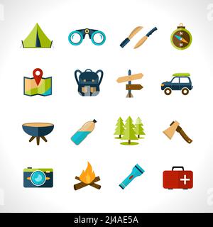 Camping icons set with tent binoculars knife compass isolated vector illustration Stock Vector