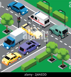 City traffic isometric concept with different moving cars on road intersection vector illustration Stock Vector