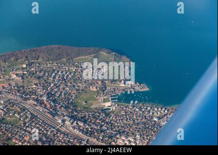 aerial view of Spiez, Lake Thun and vineyards Stock Photo