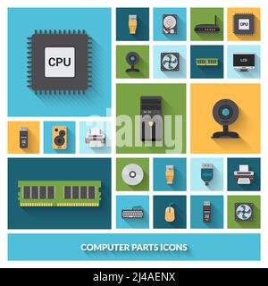 Computer parts decorative icons set with processor camera keyboard isolated vector illustration Stock Vector