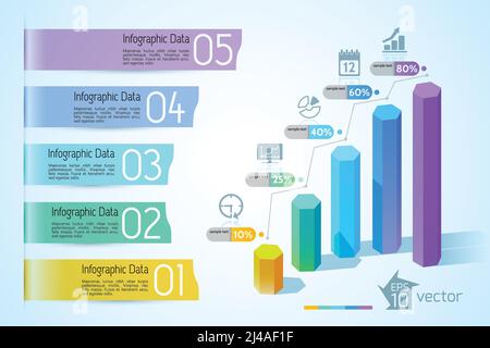 Business chart infographic concept with colorful 3d hexagonal columns five options text banners and icons vector illustration Stock Vector
