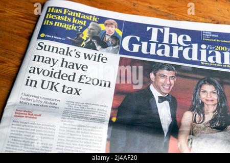 Rishi 'Sunak's wife may have avoided £20m in UK tax' Akshata Murthy on Guardian newspaper headline front page London England UK 8 April 2022 Stock Photo