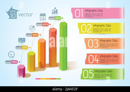 Business charts infographic concept with colorful 3d hexagonal columns five text ribbon banners and icons vector illustration Stock Vector