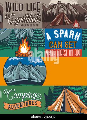 Web banner template with illustrations of a tant, campfire, forest and rocks. Stock Vector