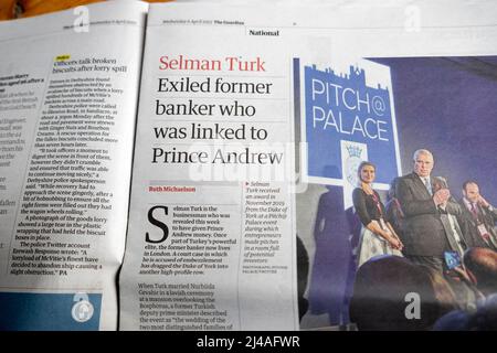 'Selman Turk Exiled former banker who was linked to Prince Andrew' Guardian newspaper headline article clipping Pitch@Palace London UK 5 April 2022 Stock Photo