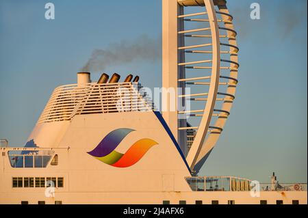 View of the Brittany Ferries logo on the funnel of the cross-Channel ferry Mont St. Michel as sails past the Spinnaker Tower - June 2021 Stock Photo