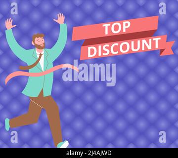Sign displaying Top Discount. Word Written on Best Price Guaranteed Hot Items Crazy Sale Promotions Gentleman In Suit Running Towards Finish Line Stock Photo