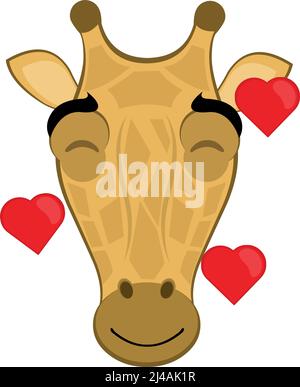Vector illustration of the face of a cartoon giraffe with a happy expression of love and surrounded by hearts Stock Vector
