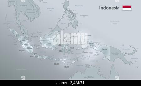 Indonesia map and flag, administrative division, separates regions and names, design glass card 3D vector Stock Vector