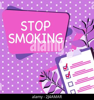 Sign displaying Stop Smoking. Word Written on Discontinuing or stopping the use of tobacco addiction Clipboard Drawing With Checklist Marked Done Stock Photo