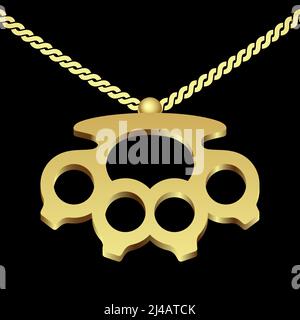 Knuckle duster golden pendant necklace hanging on a chain, vector illustration, isolated on black background. Stock Vector