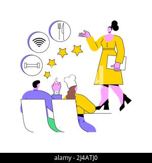 Hospitality courses abstract concept vector illustration. Hospitality staff training, hotel industry school program, tourism academy, event planning, food service, travel career abstract metaphor. Stock Vector