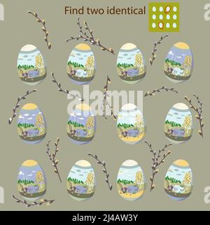 find two identical easter eggs rebus for children under 10 years old Stock Vector