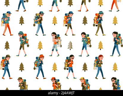 Womans hikers with backpack seamless pattern Stock Vector