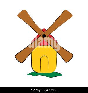 Windmill fairy, cartoon isolated on white background. Retro, rural building, tower with wooden propeller. Stock Vector