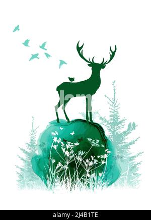 forest silhouette with deer and birds, green color, vector illustration Stock Vector