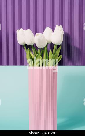 Pastel pink vase with tulip flowers on a corrugated purple background. Springtime, summer minimal concept. Stock Photo