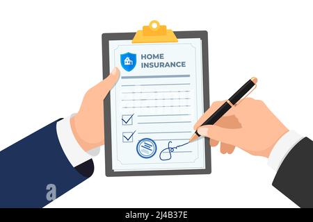 Businessman signing home insurance policy. House protection agreement contract document signature. Property injury risk law legal preparedness. Claim form vector isolated eps illustration Stock Vector