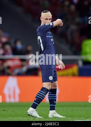 Madrid, Spain. 13th Apr, 2022. Phil Foden of Manchester City during the UEFA Champions League match, Quarter Final, Second Leg, between Atletico de Madrid and Manchester City played at Wanda Metropolitano Stadium on April 13, 2022 in Madrid, Spain. (Photo by Ruben Albarran/PRESSINPHOTO) Credit: PRESSINPHOTO SPORTS AGENCY/Alamy Live News