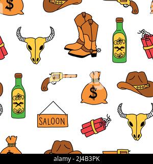 Wild West seamless vector pattern. Cowboy boots, colt, drink, dynamite, sheriff star badge money repeating background. Wild West design for decor Stock Vector