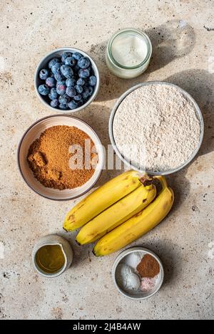 Ingredients and preparation for Blueberry Muffins Stock Photo