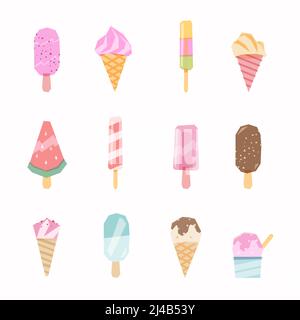 Set of ice cream icon designs, modern looking multicolor vector. Group of 12 cartoon icecream objects in overprint, low poly flat design stylistic. Stock Vector
