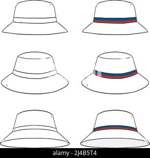 Set of blank striped bucket hat design template hand drawn vector illustration. Stock Vector