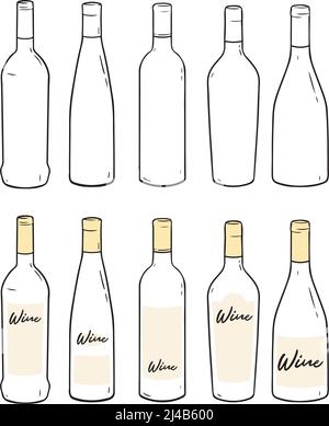 Set of blank template wine bottle hand drawn vector illustration. Stock Vector
