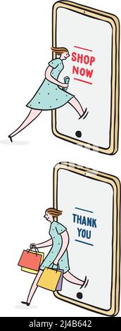 Hand drawn vector illustration of woman using smart phone for online shopping. Woman come out from mobile with shopping bag. Stock Vector