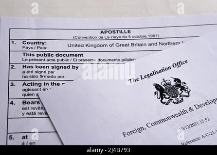 Authentic apostille document from The UK Legalisation Office. Legalised  document with the stamped official certificate. Stafford, United Kingdom,  Apri Stock Photo - Alamy