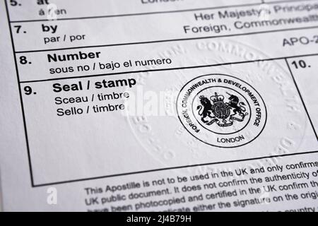 Authentic apostille document from The UK Legalisation Office. Legalised  document with the stamped official certificate. Stafford, United Kingdom,  Apri Stock Photo - Alamy