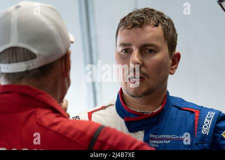 Monza, Italy. 13 April 2022. Jorge Lorenzo nr 8 Team Q8 Hi-Perform at the Monza racetrack for the test Porsche Carrera Cup Italia 2022. Credit: Damiano Fiorentini/Alamy Live News Stock Photo