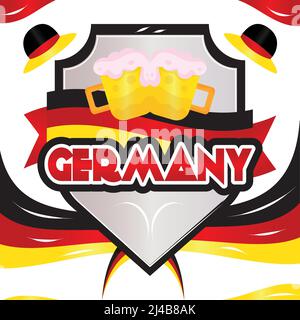 Colored shield with text and pair of beers with foam Germany concept Vector Stock Vector