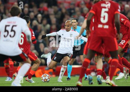 LIVERPOOL, UK. APR 13TH Joao Mário of Benfica makes a pass during the UEFA Champions League match between Liverpool and S L Benfica at Anfield, Liverpool on Wednesday 13th April 2022. (Credit: Pat Scaasi | MI News) Credit: MI News & Sport /Alamy Live News Stock Photo