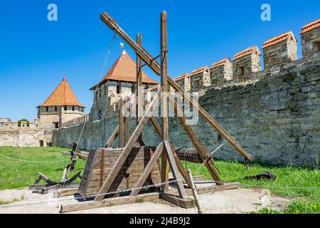 A trebuchet exhibited at Bender Fortress in Bender (Tighina), Transnistria, Moldova. It was an ancient throwing weapon. Stock Photo