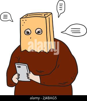 Hand drawn vector illustration of man with paper bag over head using smartphones. Stock Vector