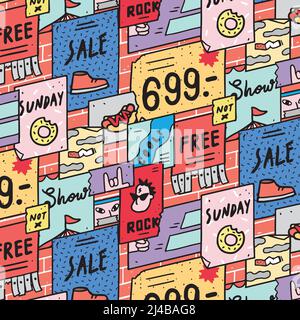 Hand drawn vector illustration of poster on brick wall pattern. Stock Vector
