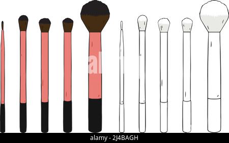 Hand drawn vector illustration of cosmetic makeup brush set on white background. Stock Vector